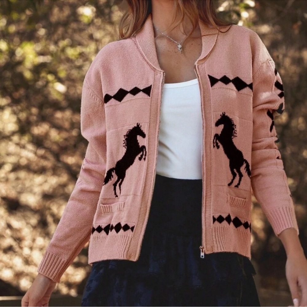 Cozy Western Horse Print Zip Up Loose Fit Cardigan XS S M L XL
